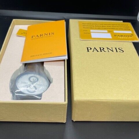 PARNIS 43mm White Dial Power Reserve Black PVD Coating Leather Automatic Watch - Picture 10 of 10
